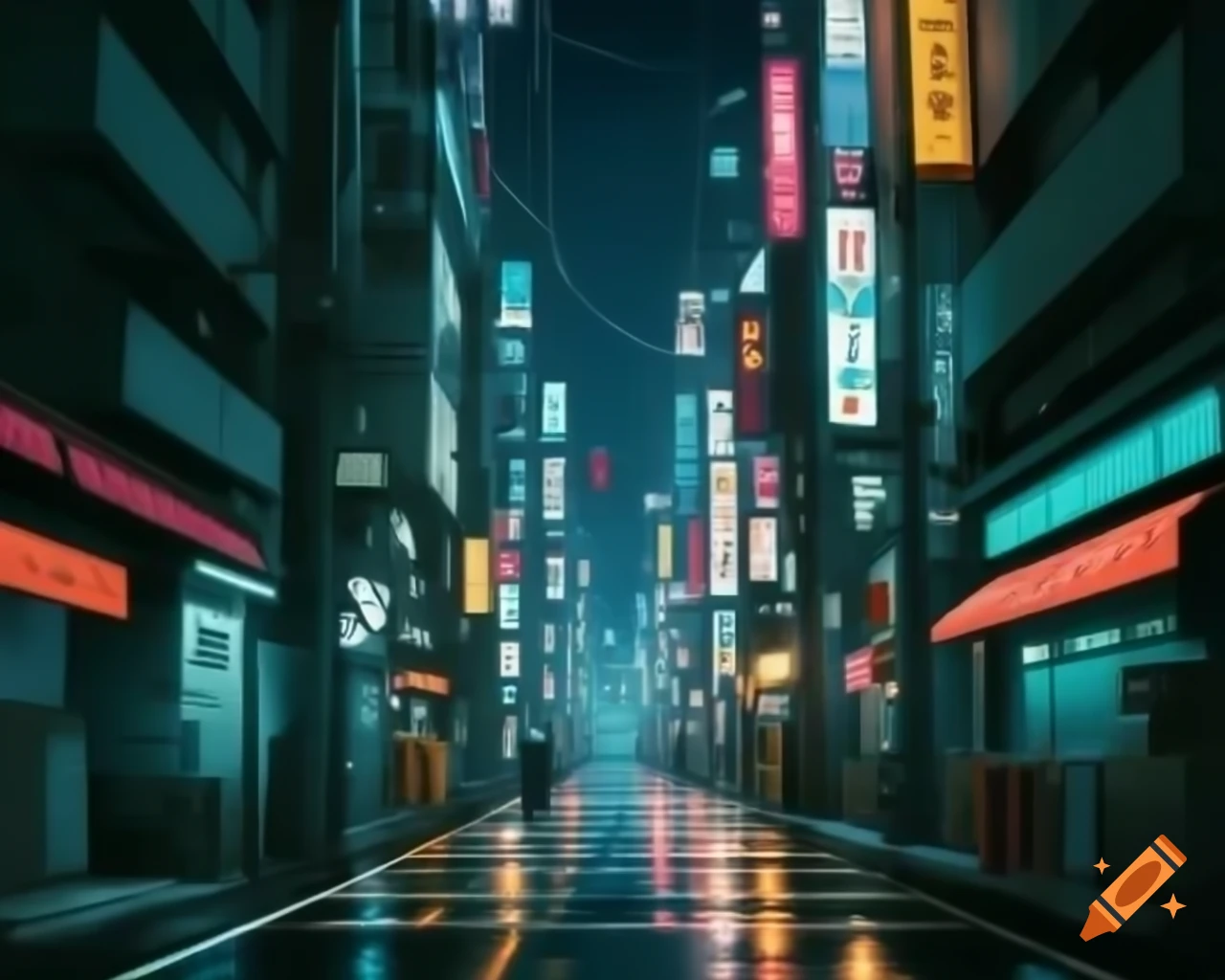 Anime cyberpunk Tokyo street at night with neon lights