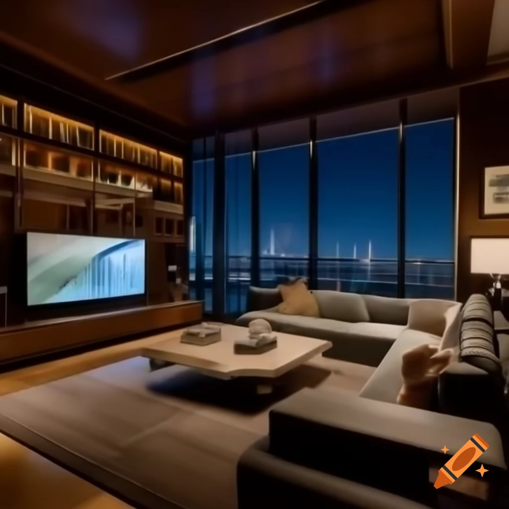 Stylish minimalist living room design at night combining futuristic, tropical, Egyptian, and Dutch elements