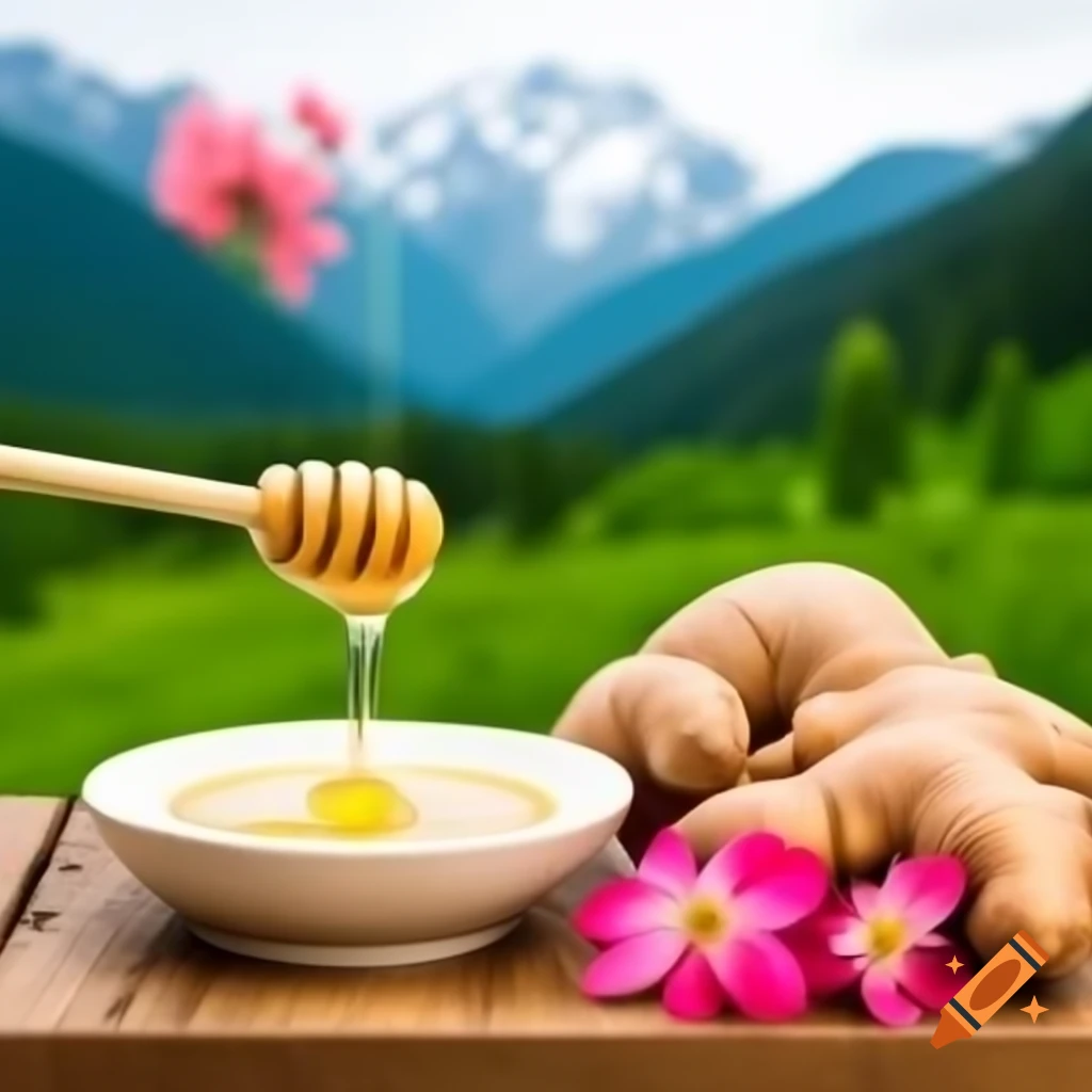 White honey from wooden spoon with ginger and green mountains in background