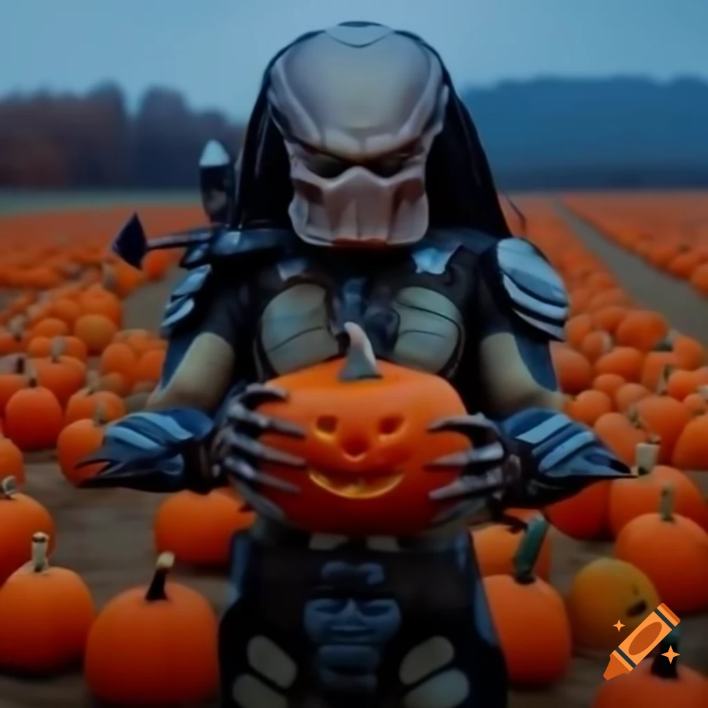 Predator in pumpkin field holding a pumpkin