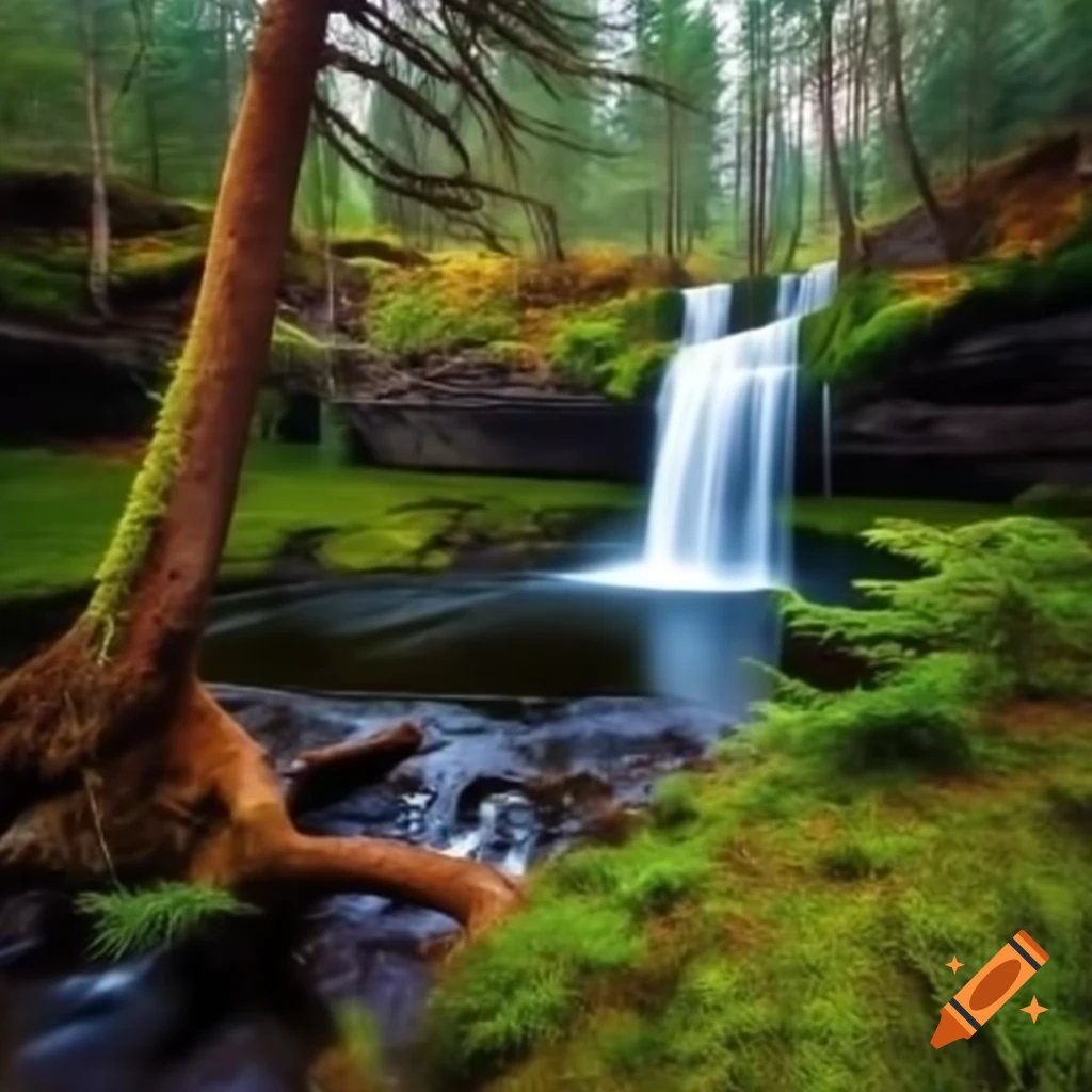 Large waterfall cascading into pond surrounded by vibrant oak and pine forest