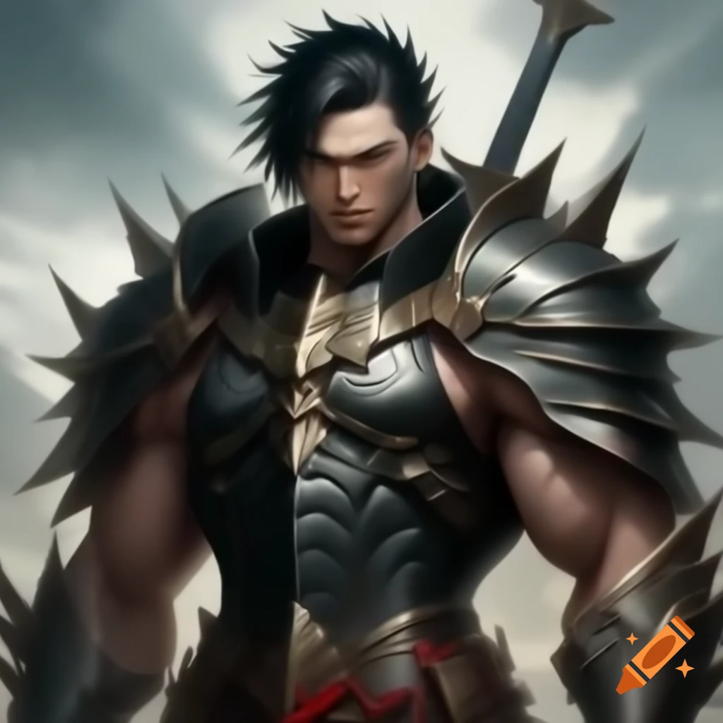 Tall muscular man in black plate armor with spikes and red highlights ...