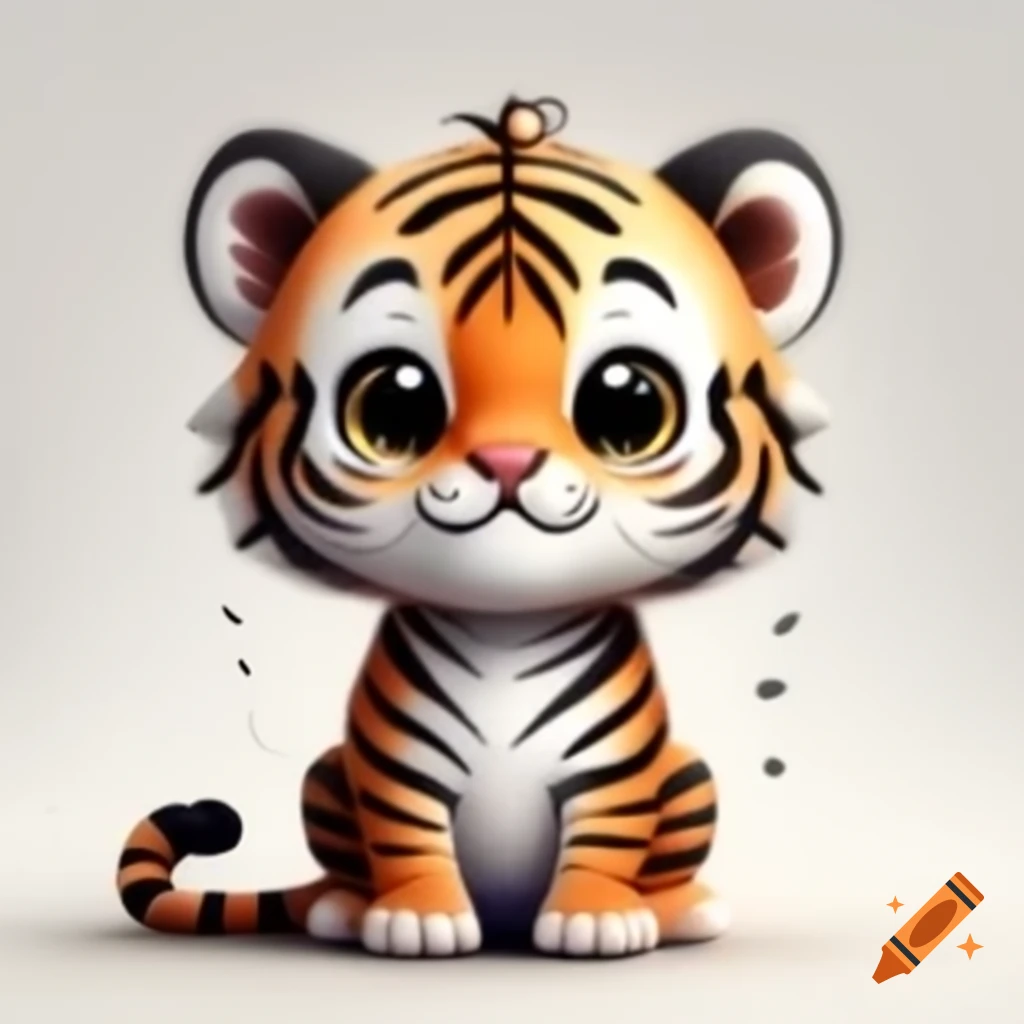 Cute tiger with black and white stripes in fluffy flat art style
