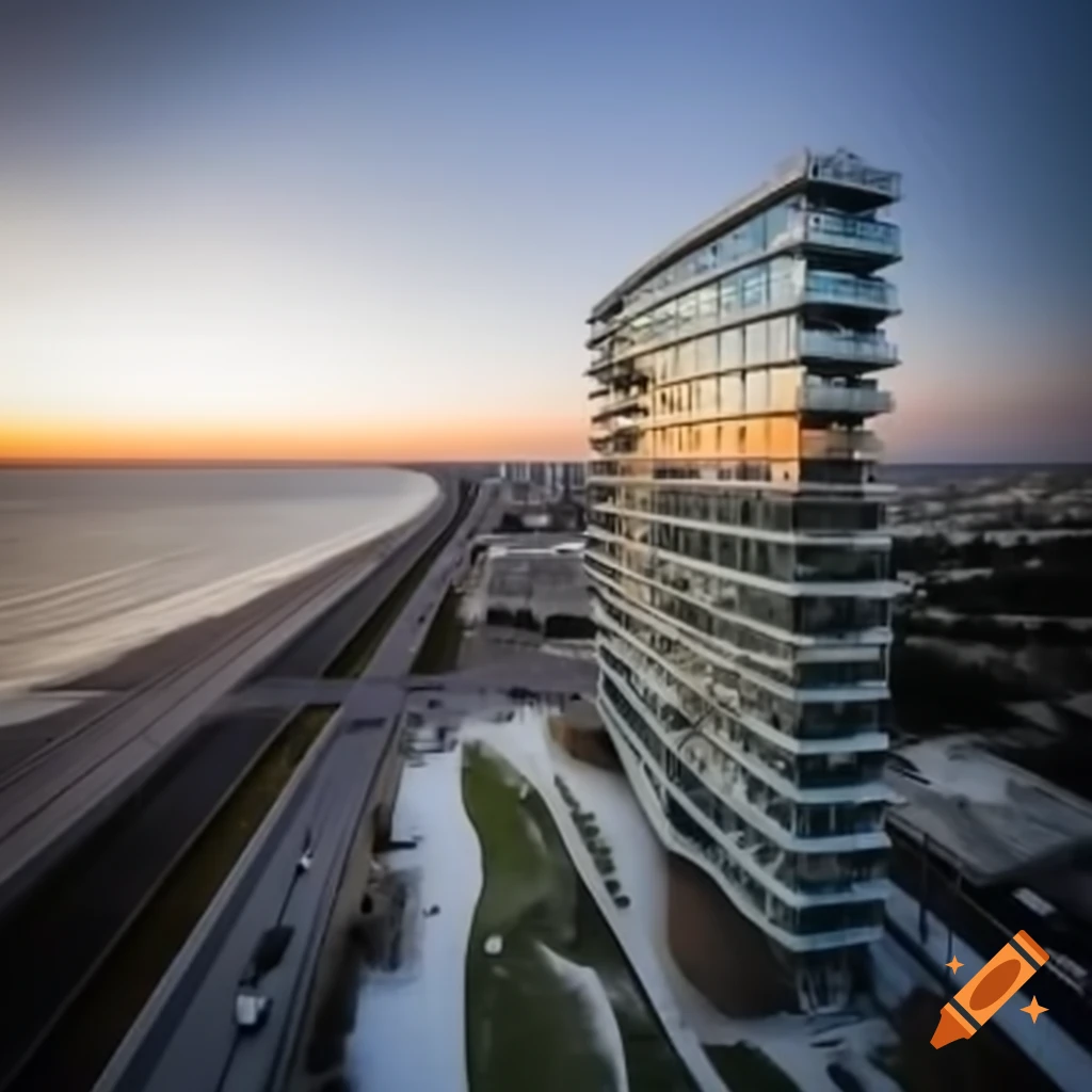 Modern city skyline at sunset near coast
