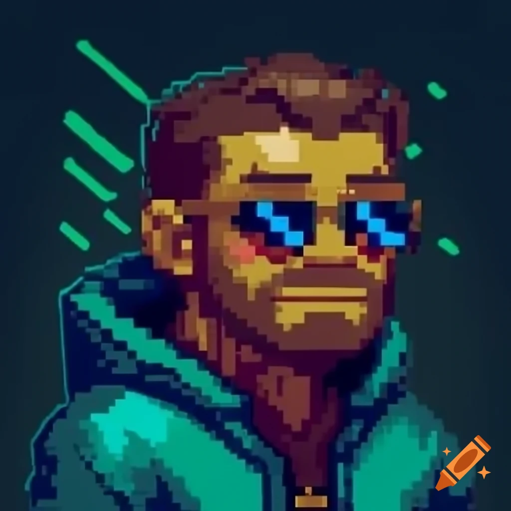 Pixel art of a gambler with Solana cryptocurrency motifs