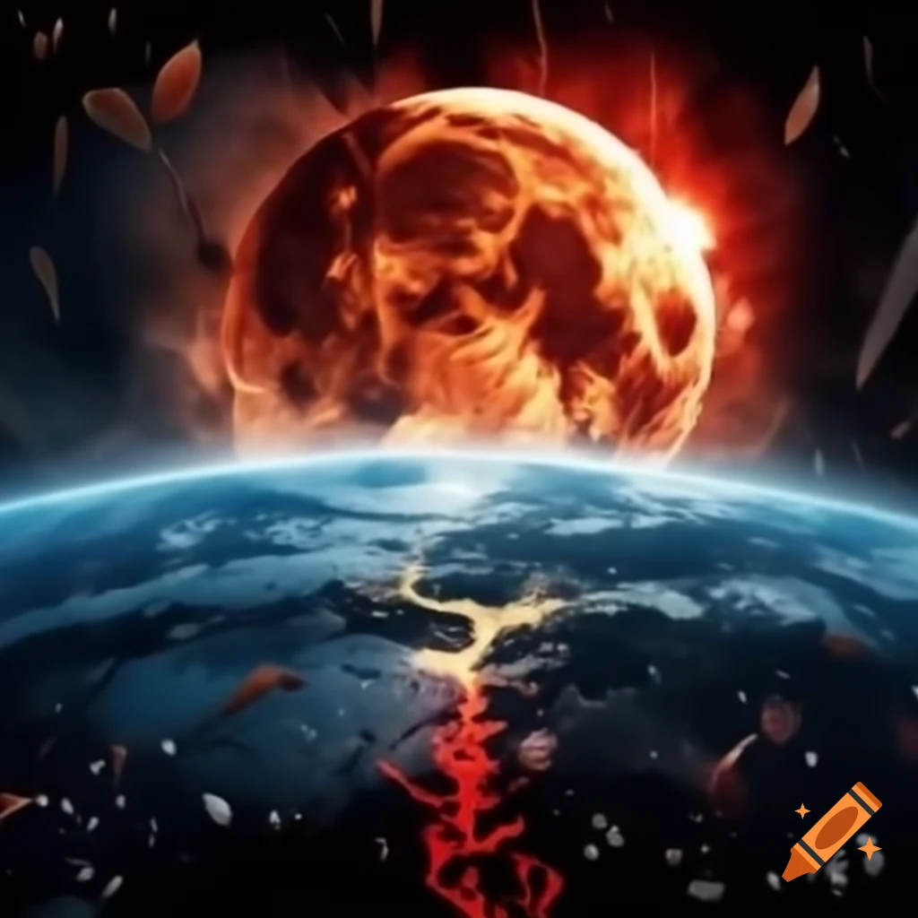 Bright glowing red moon casting chaos and destruction on earth on Craiyon