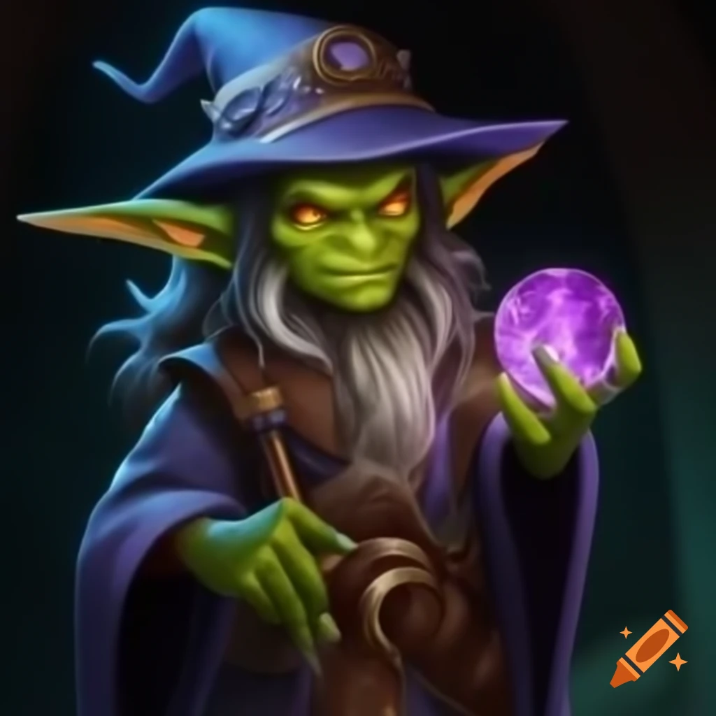 Mysterious tribal goblin wizard with crystal ball