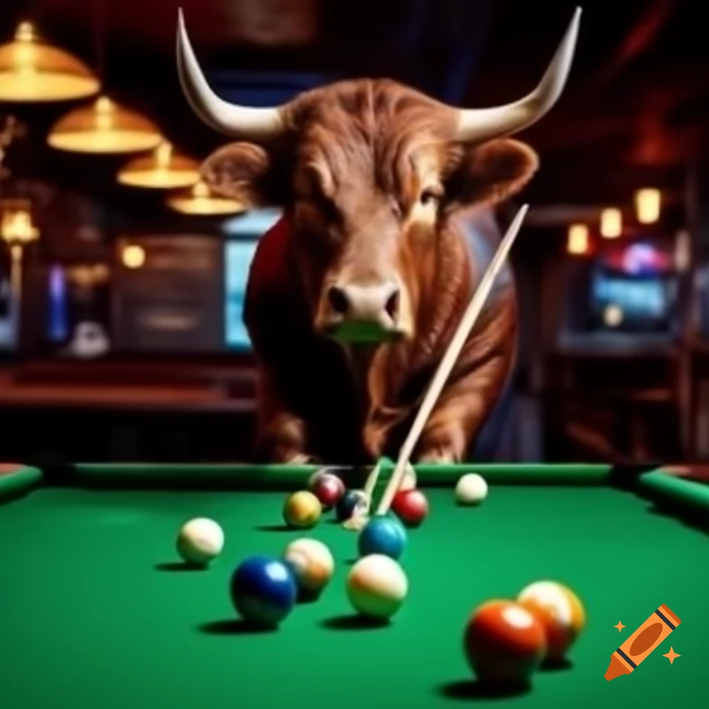 Bull playing English pool in a pub