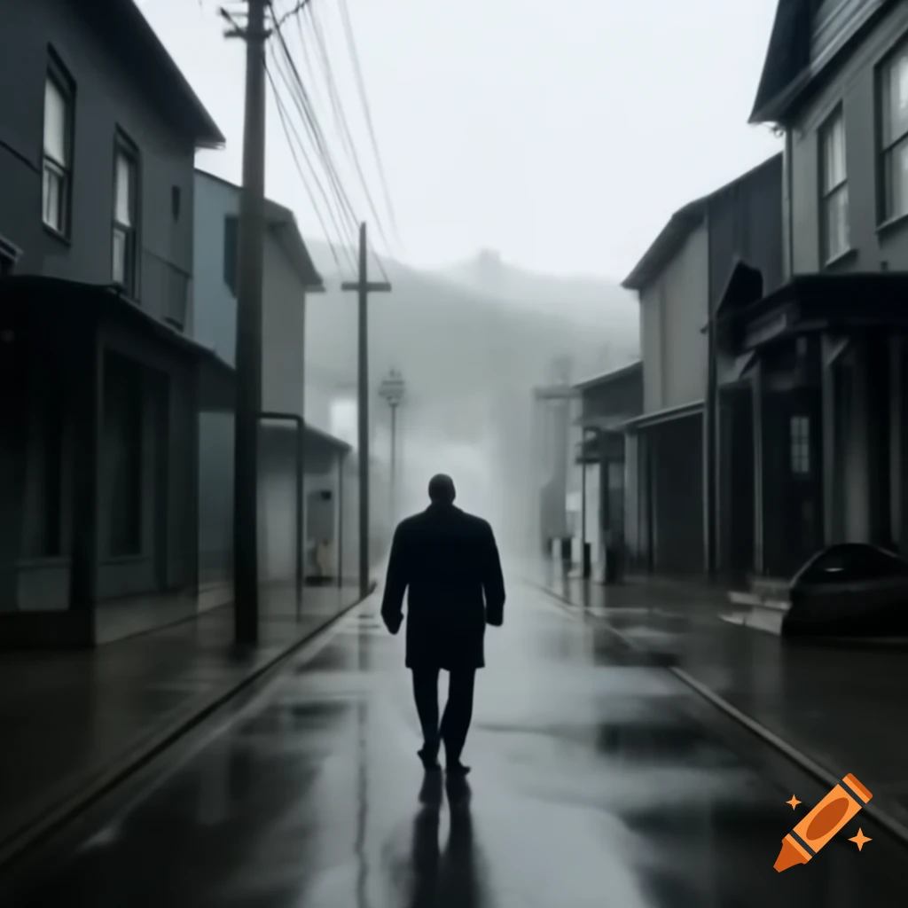 Man walking in misty haunted town with Silent Hill street sign on Craiyon(00)
