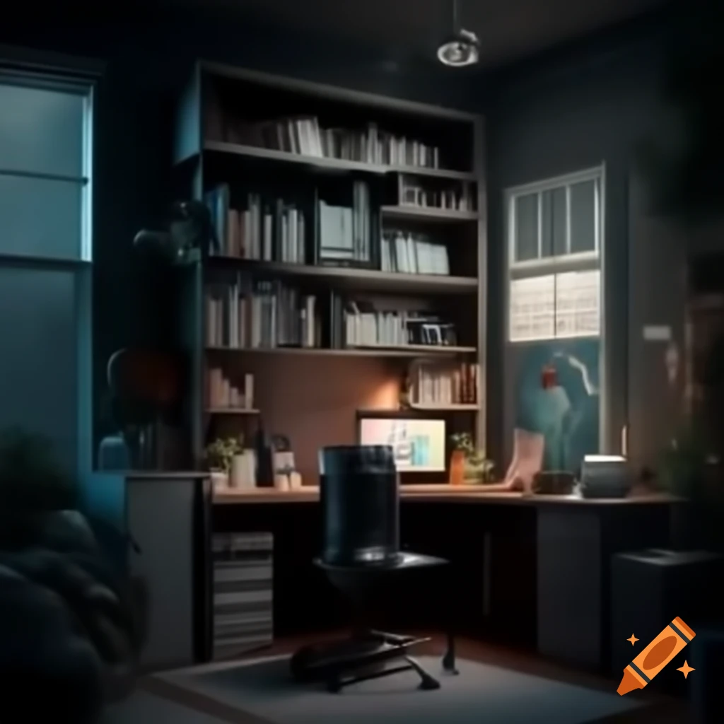 Organized home office with bookshelf emphasizing learning and growth at night