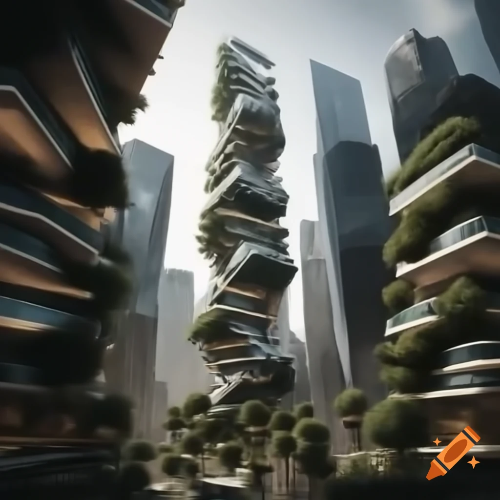 Modern cityscape with towering skyscrapers and abundant greenery on Craiyon