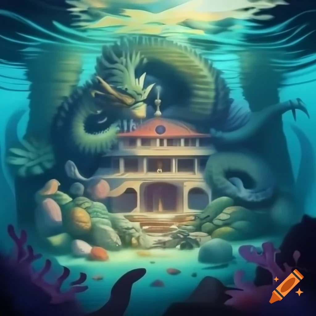 Underwater palace among colorful coral reefs with dragon and peaceful creatures