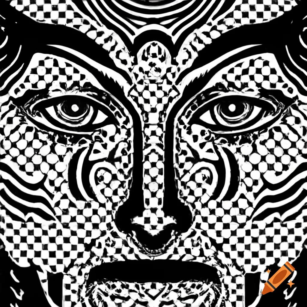 Stylized round face in black and white art brut style