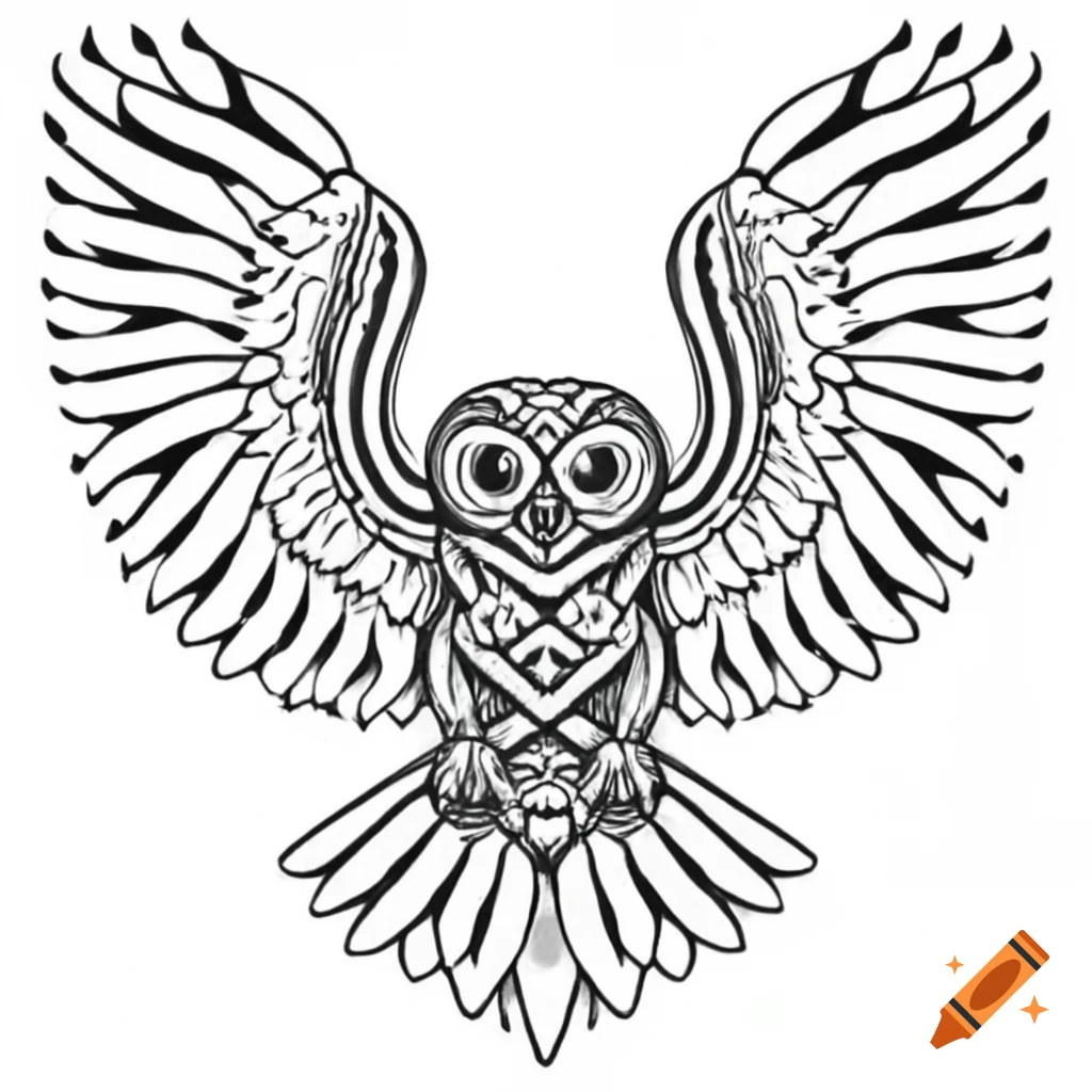 Celtic knotted owl in flight, intricate line art