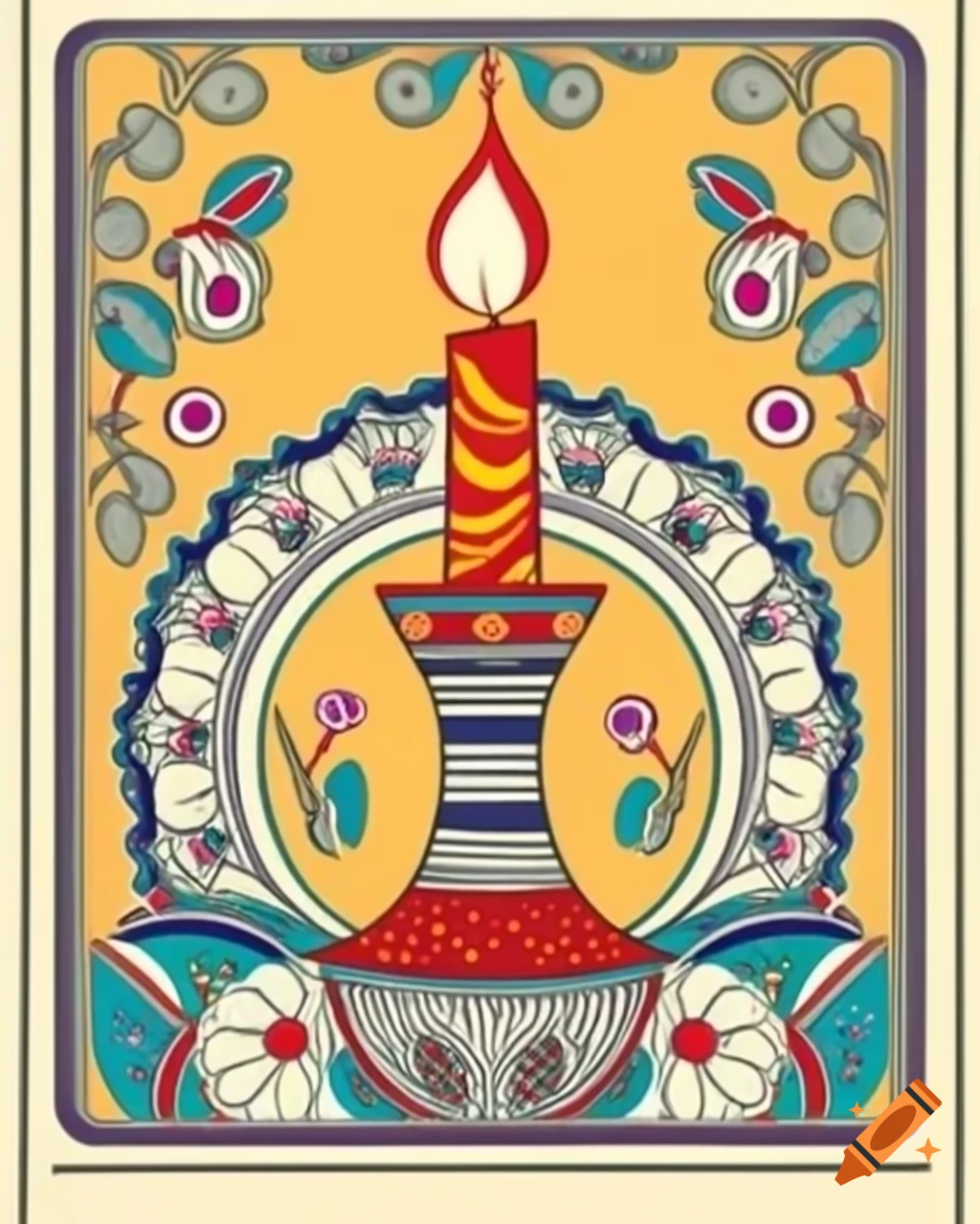 Candle illustration inspired by Byzantine, early Christian, Scandinavian, Japanese, and Madhubani art styles