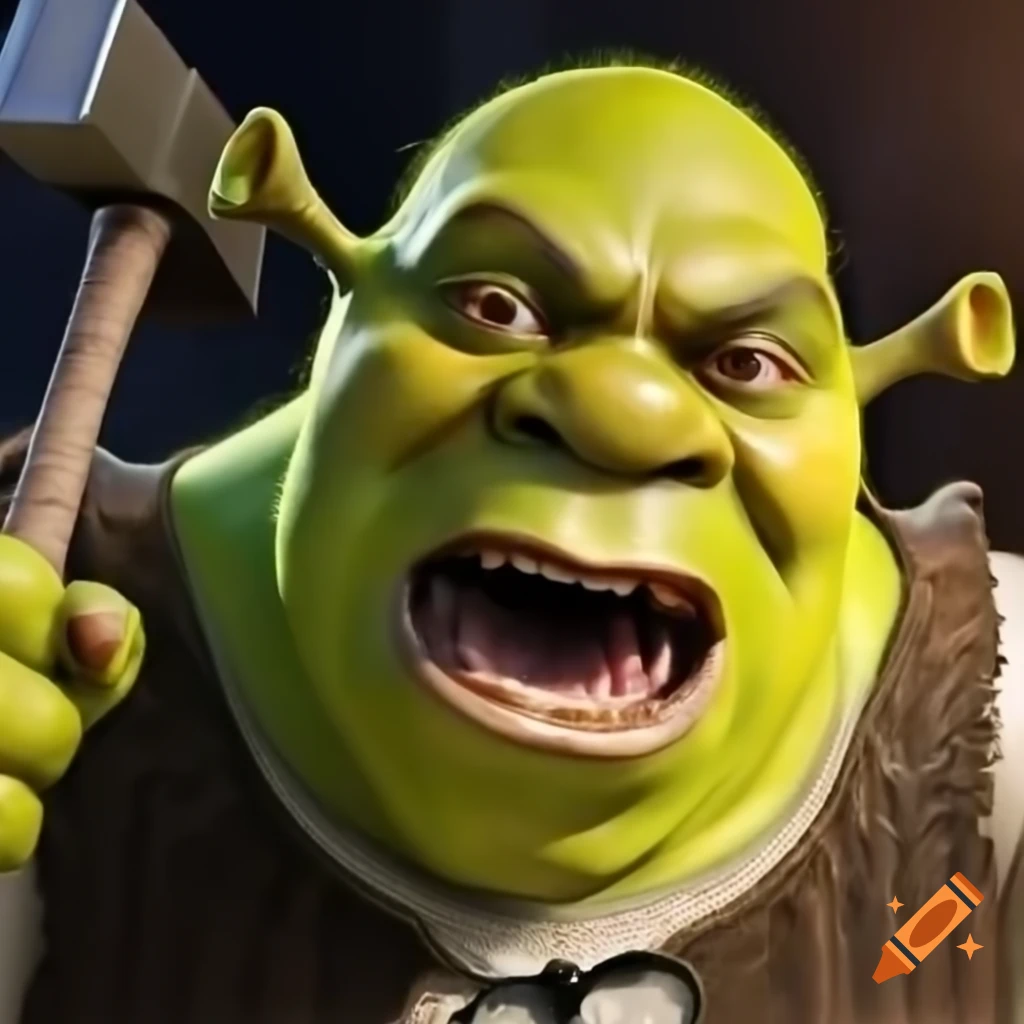 Furious Shrek holding a large hammer