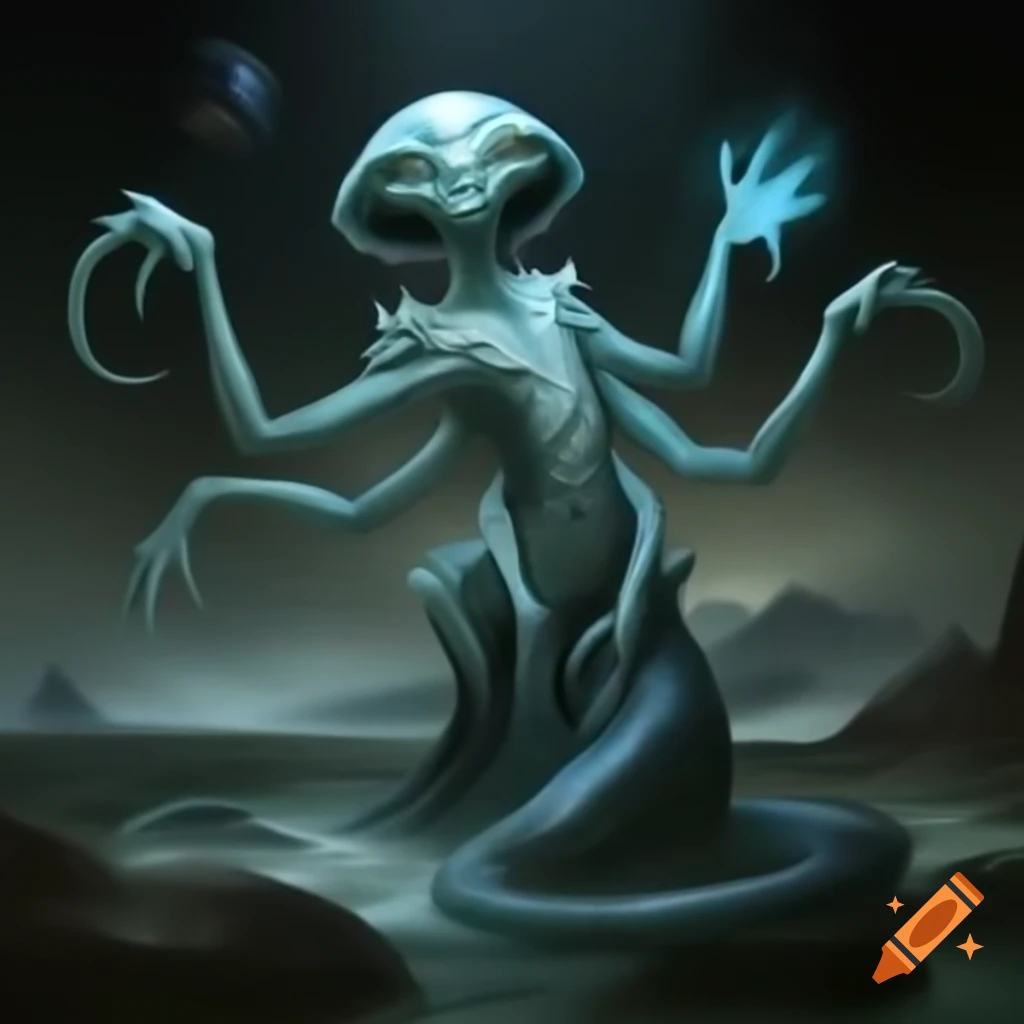 Ethereal alien figure in crystalline embrace on dark celestial land