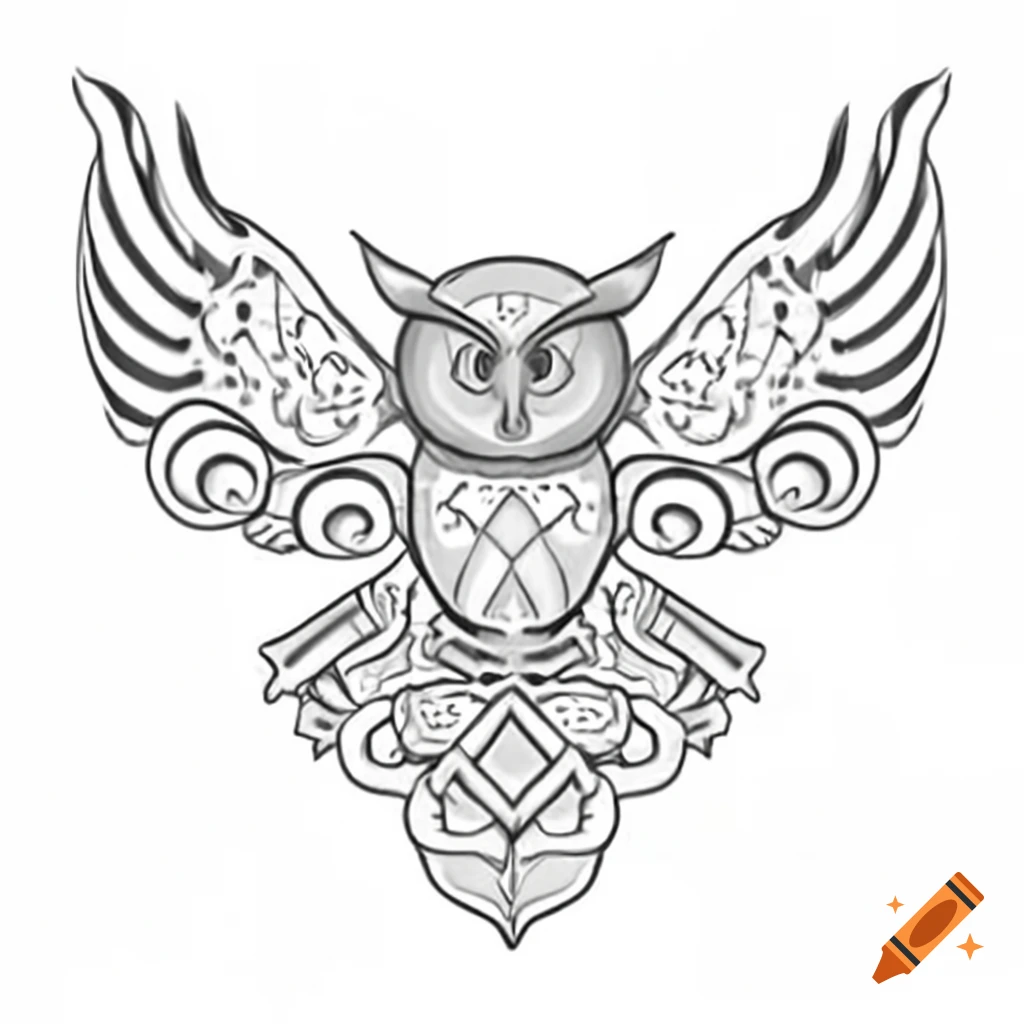 Celtic knotted owl in flight, intricate line art