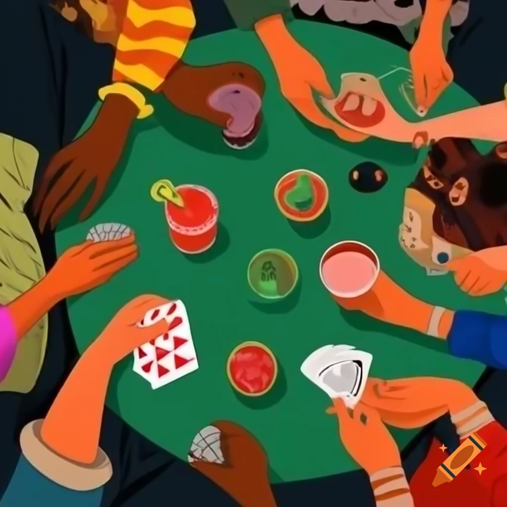 Diverse group laughing and enjoying conversation with cocktails and card games