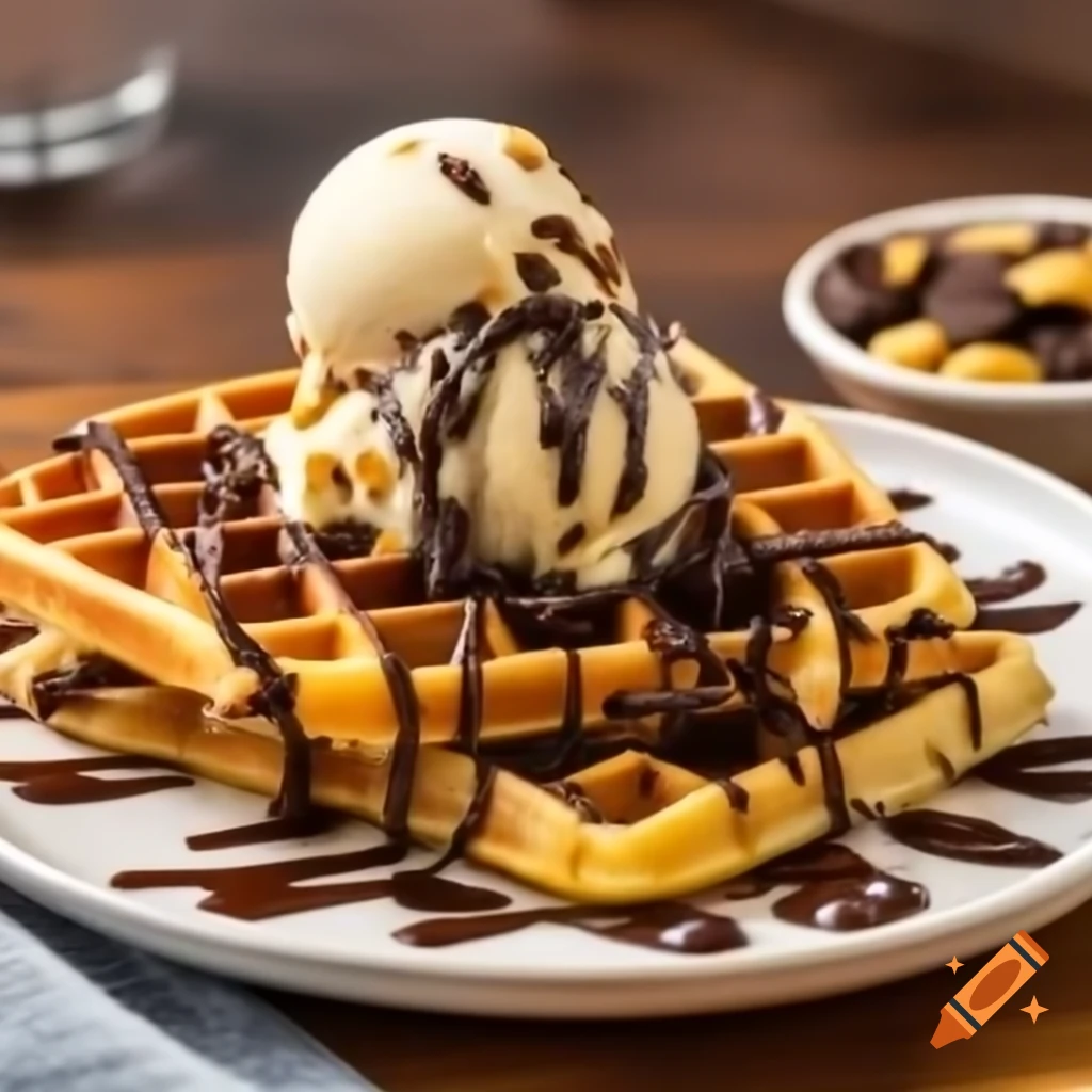Waffle topped with melting ice cream and chocolate chips, featuring 'Bella Waffle'