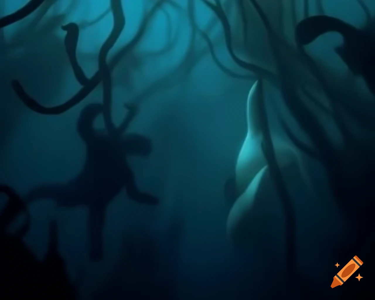 Dark sea cave inhabited by mythical monsters