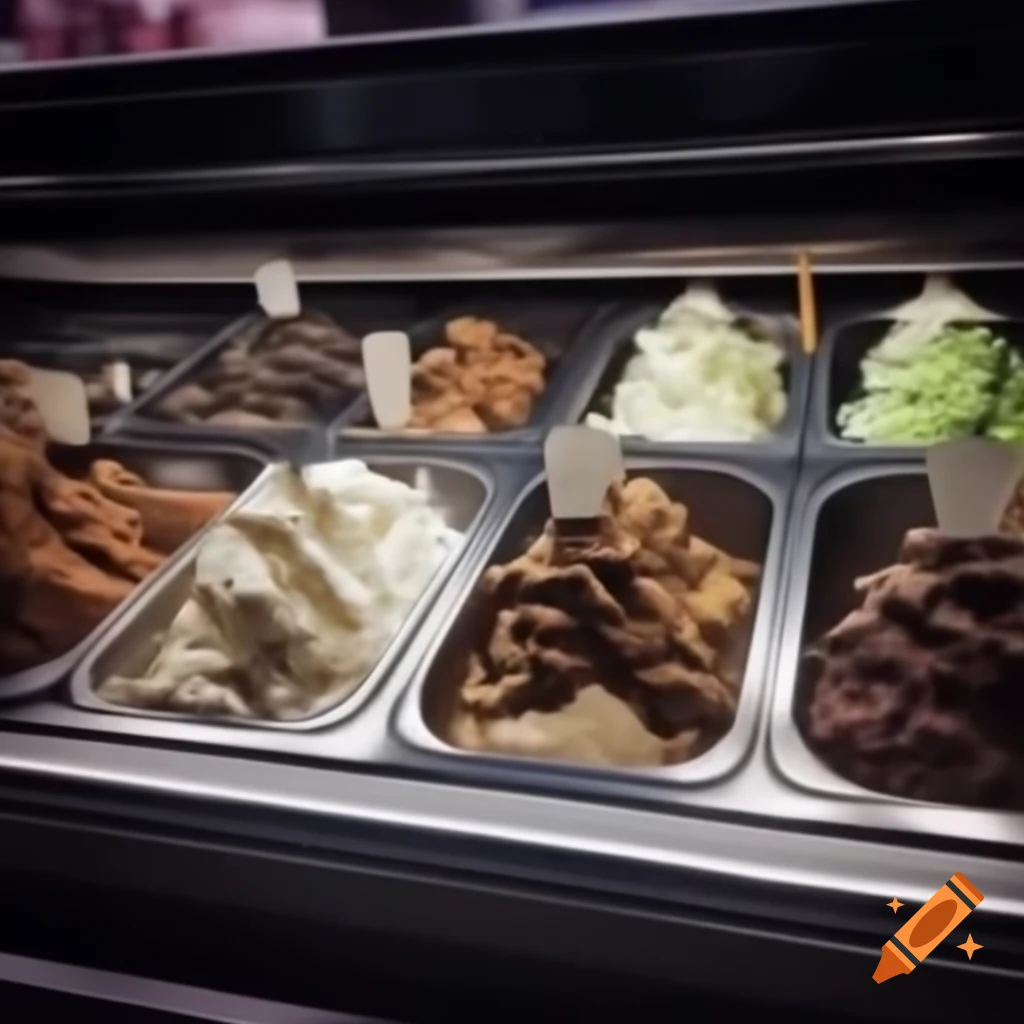 Mint gelato with chocolate sauce in display freezer at gelato shop