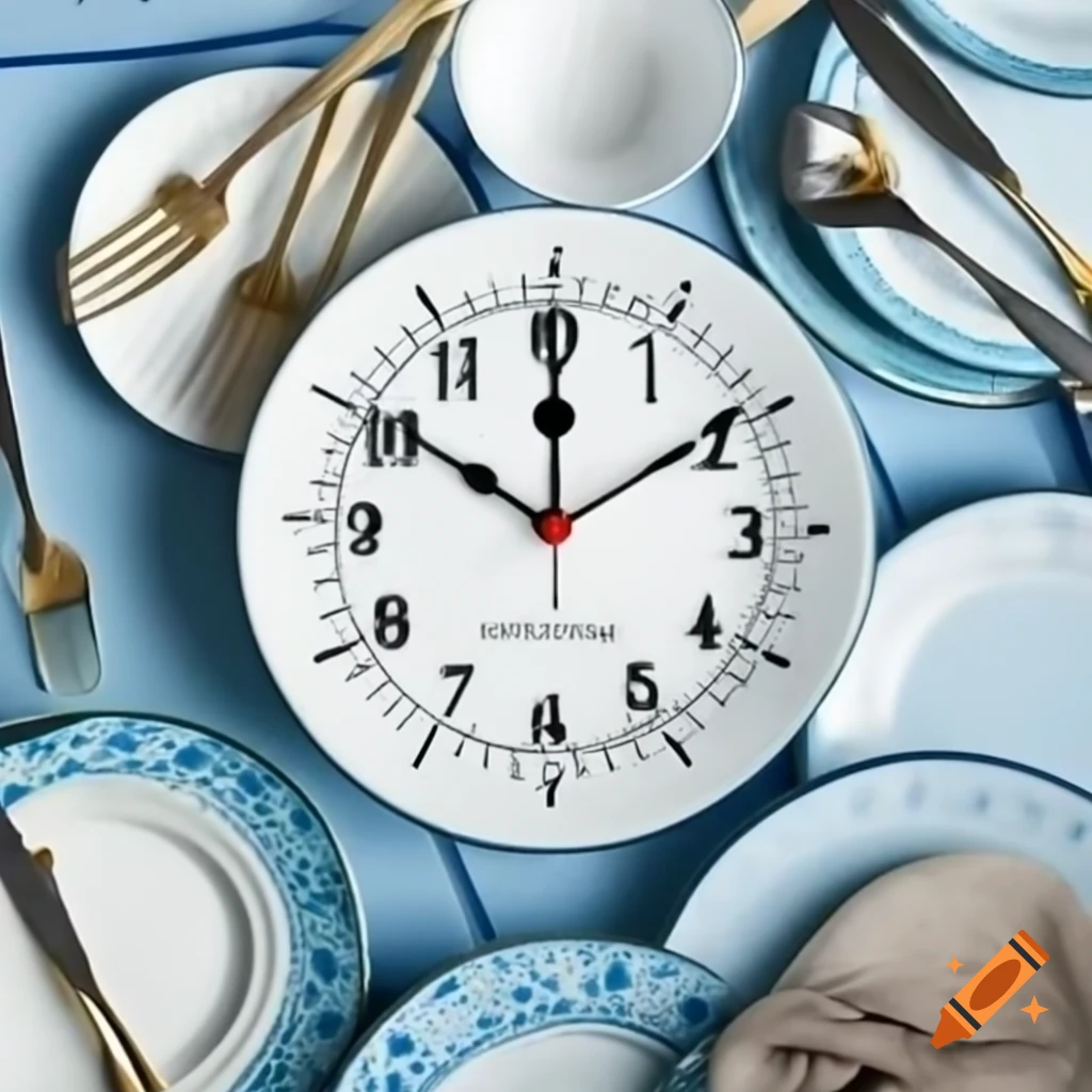 Creative artwork of plates and cutlery designed as clocks on Craiyon
