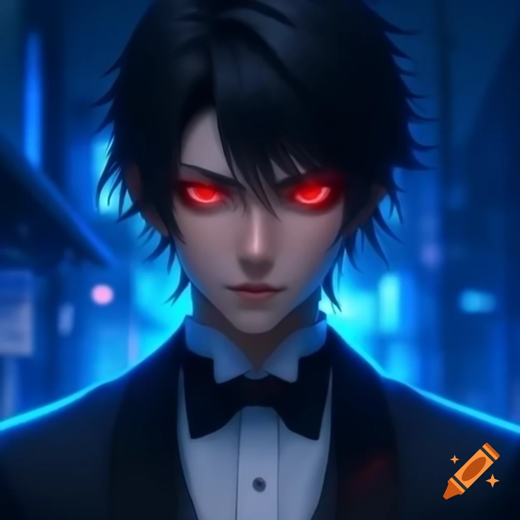 Handsome anime character in tuxedo with red eyes and blue light aura