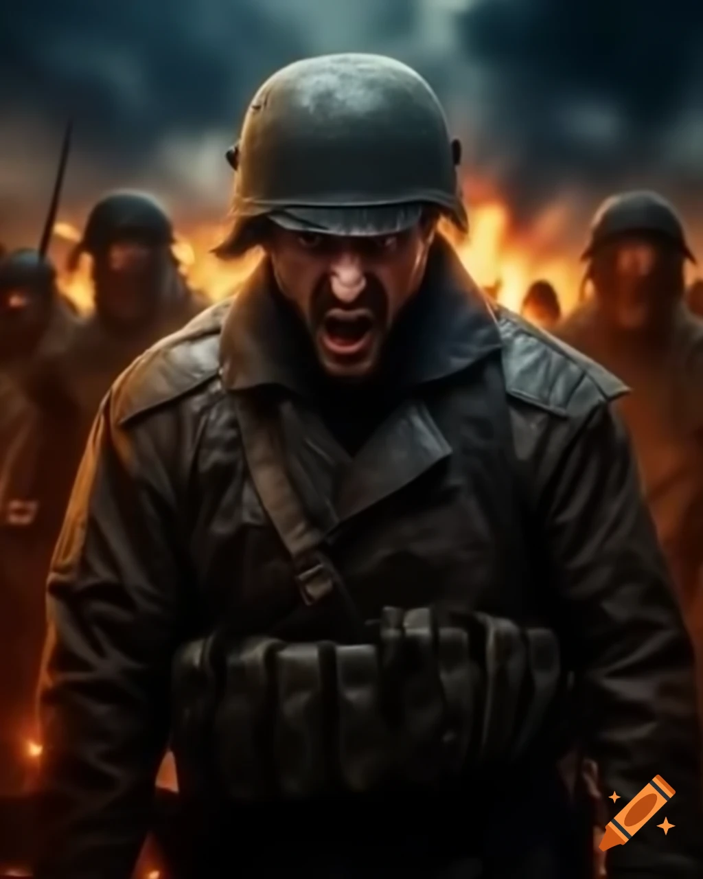 Fierce soldier in a war scene with a dramatic backdrop of the year 2024