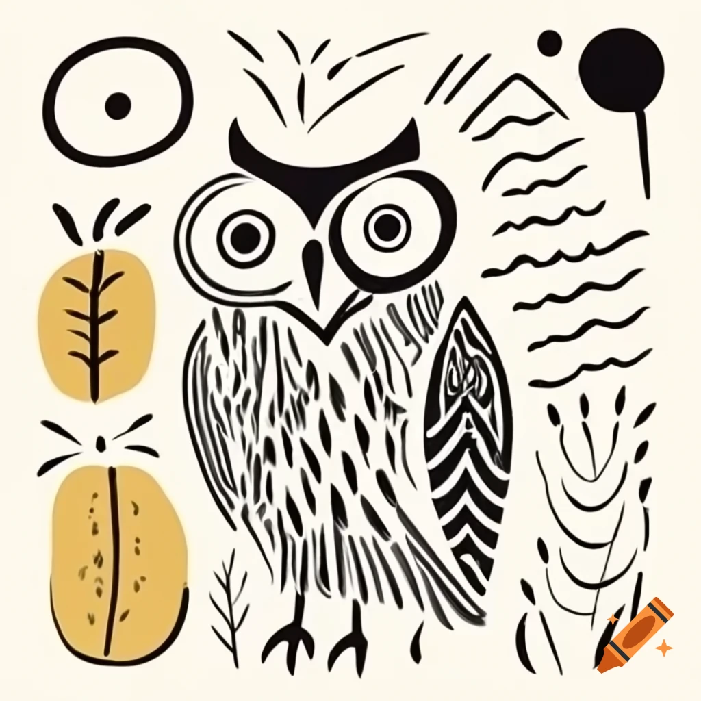 Owl depicted in Picasso style with simple shapes on white background