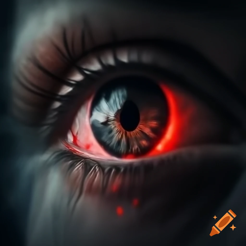 Mysterious eye with red glow set against a black background