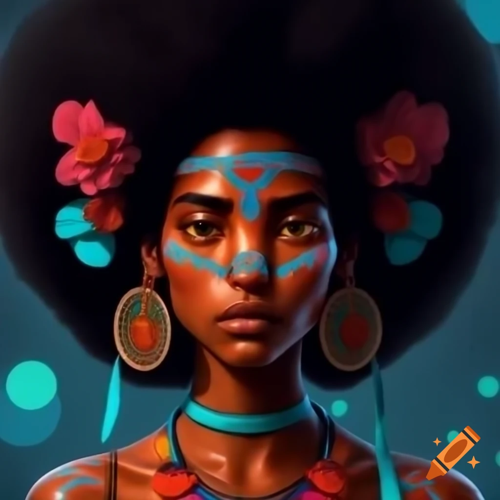 Avatar of young Afro-Indigenous woman named Solange with curly Black Power hair, smiling positively