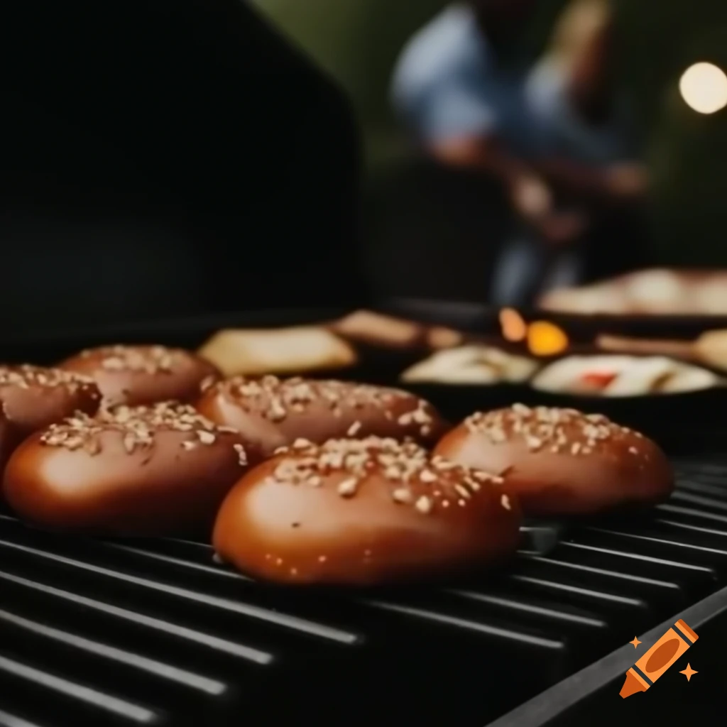 Close-up of BBQ grill with gourmet food items cooking over charcoal