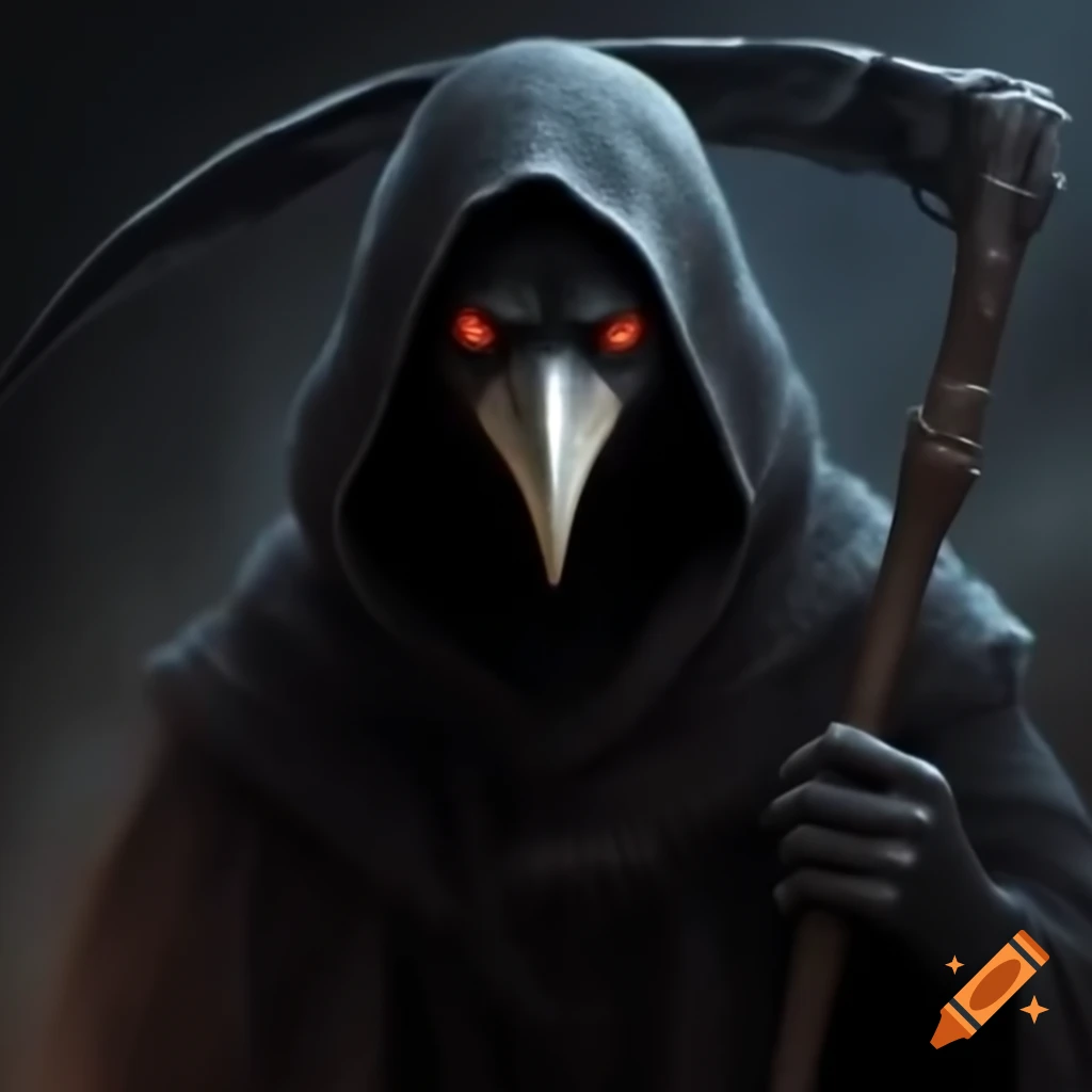 Brooding raven holding reaper's scythe, surrounded by shadows on Craiyon