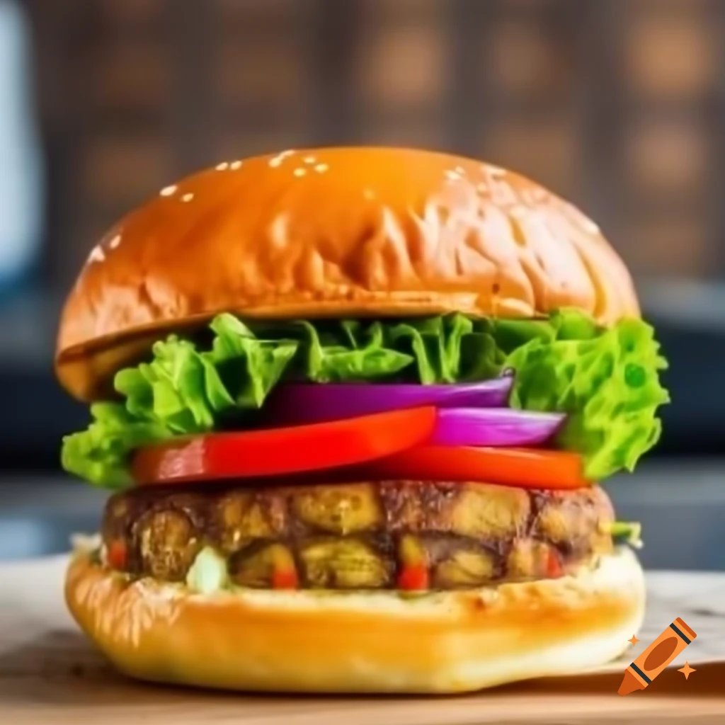 Veggie burger loaded with lettuce, tomatoes, and pickles