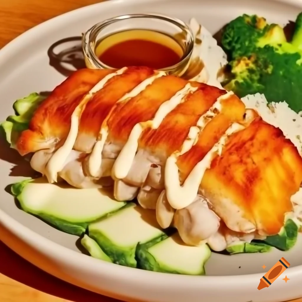Chicken katsu with white sauce and broccoli