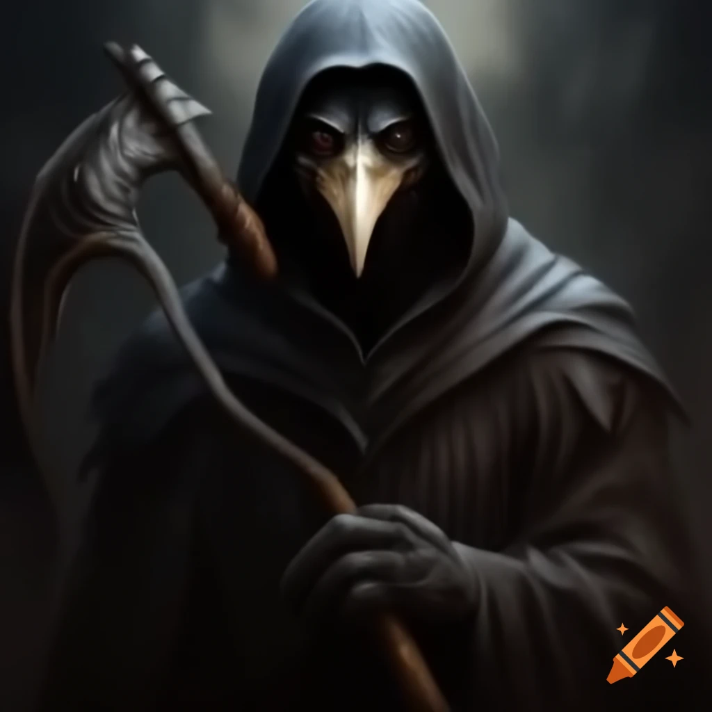 Brooding raven holding reaper's scythe, surrounded by shadows on Craiyon