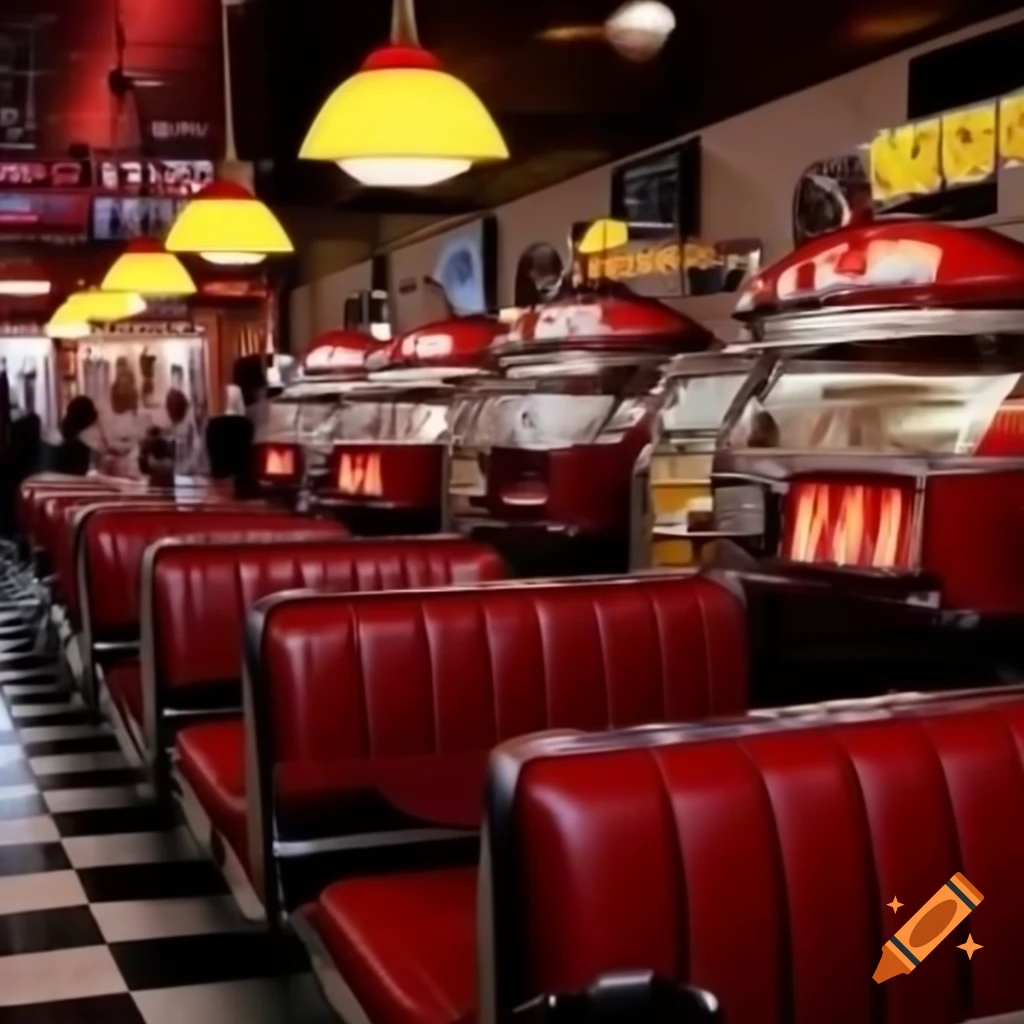 1950s American diner with red booths and jukebox, retro waitress serving milkshakes