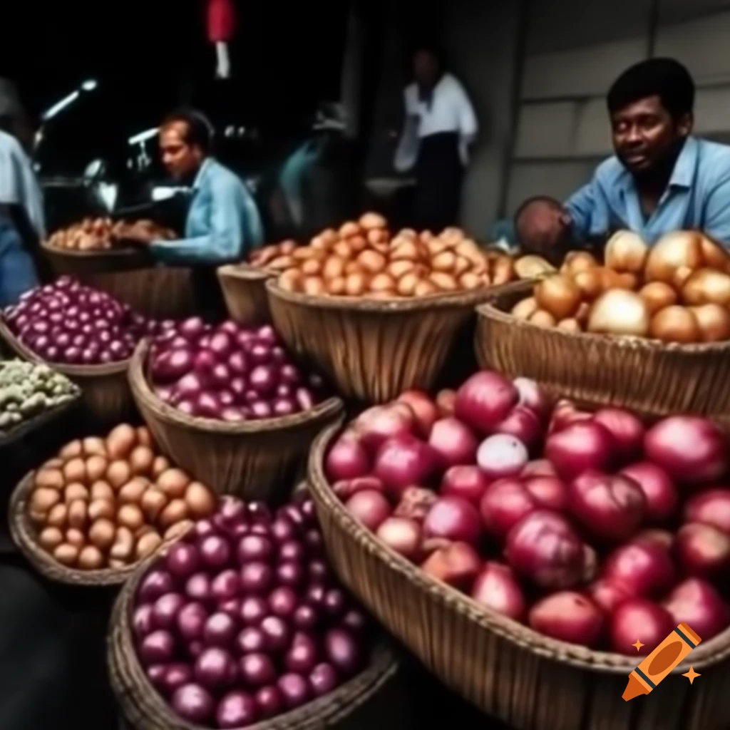 Indian onion market showcasing crates of various onions with few people ...