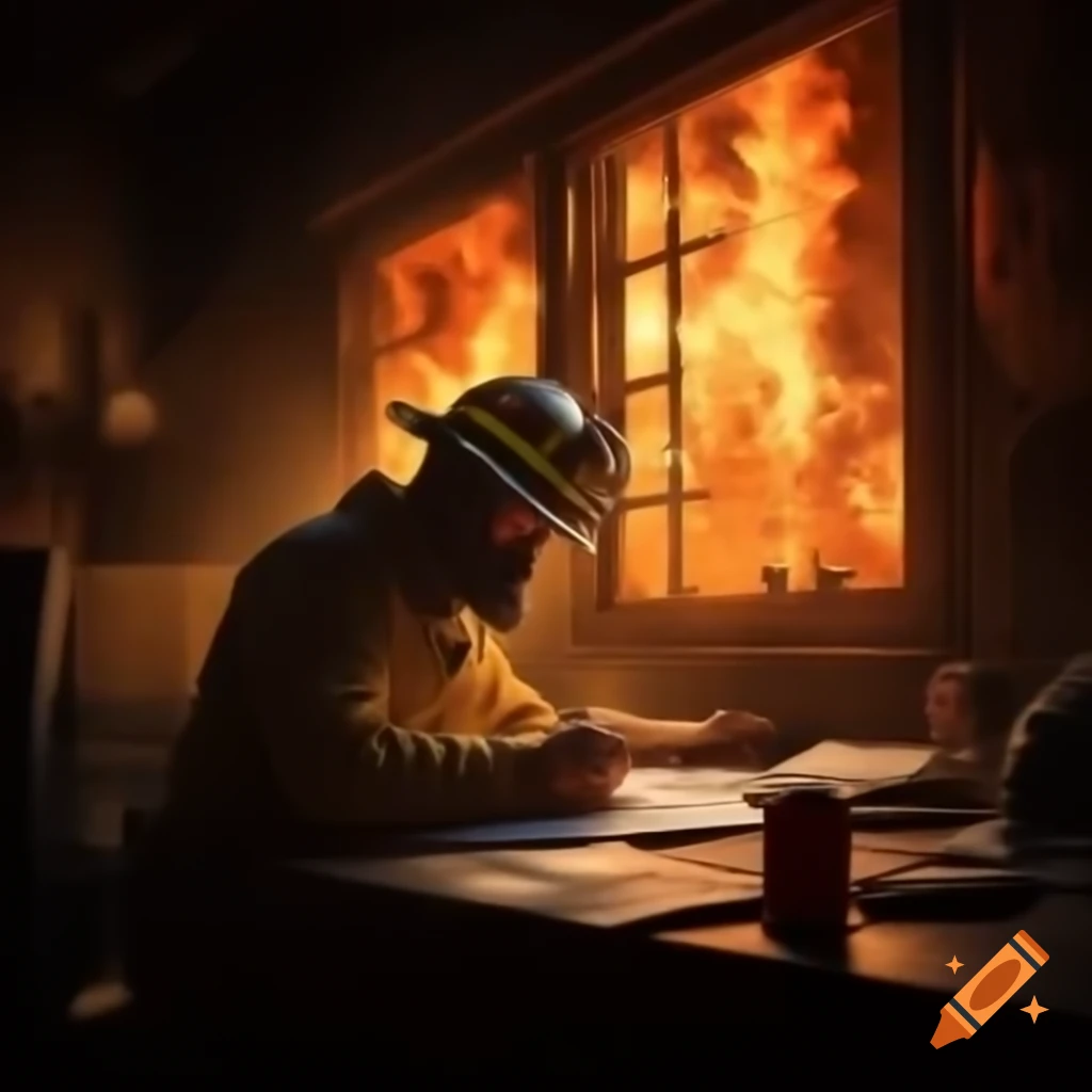 Fireman working on paperwork in ravaged room with blaze outside