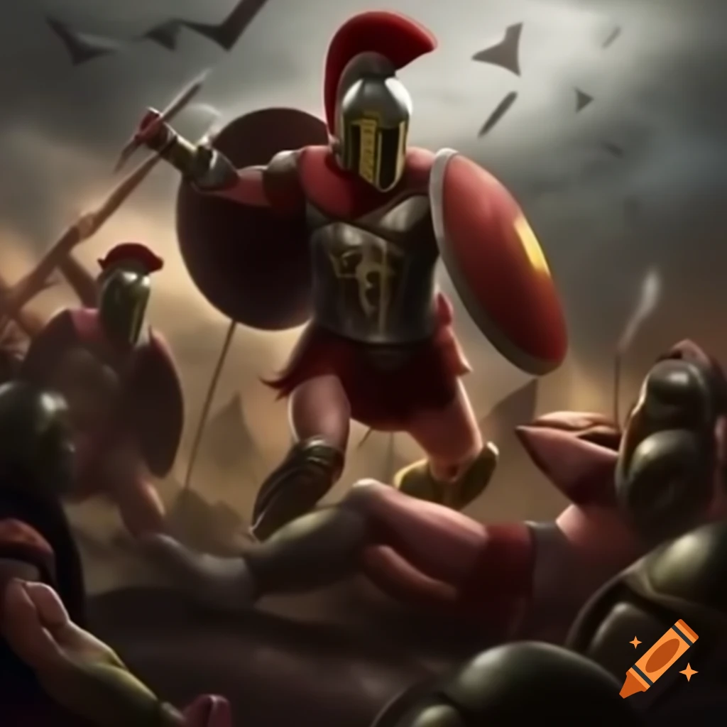 Spartan warrior in intense battle against rival forces