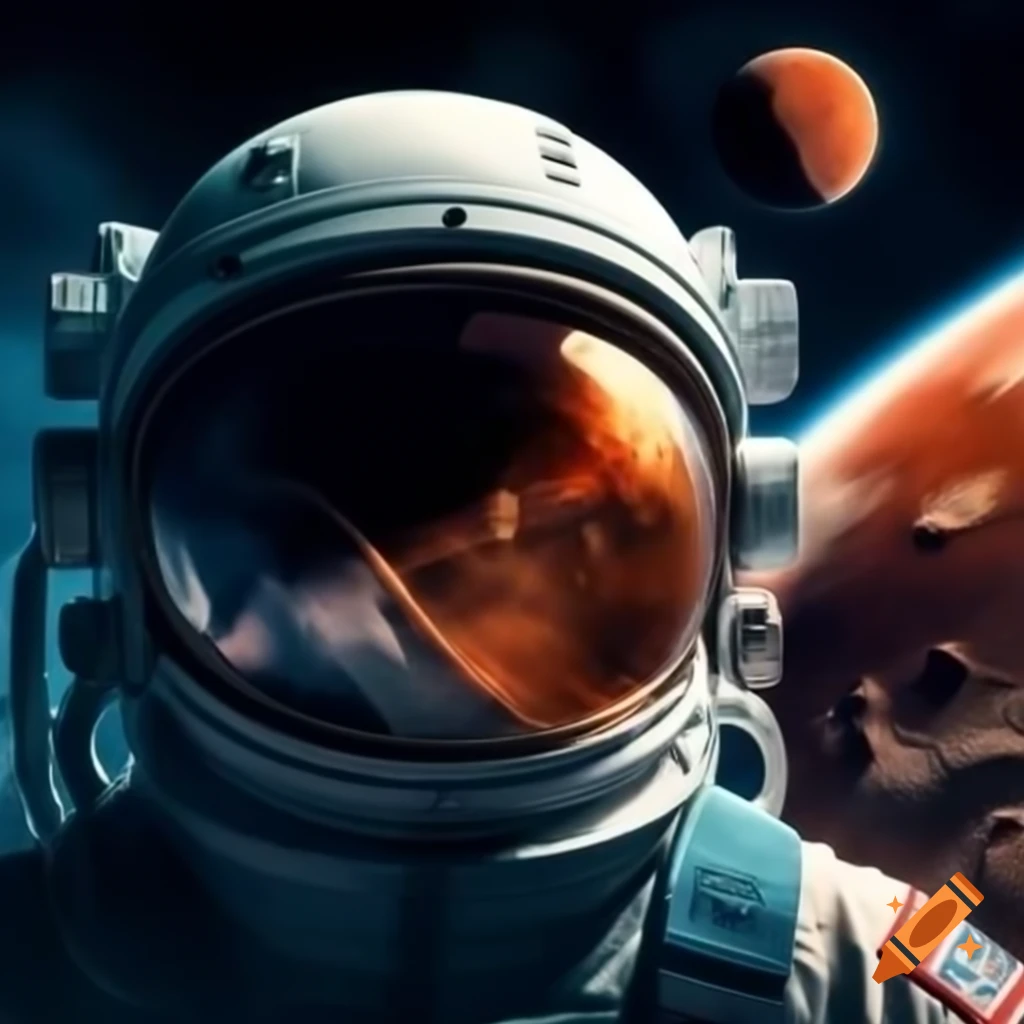 Astronaut helmet with reflective lens and Mars in the background