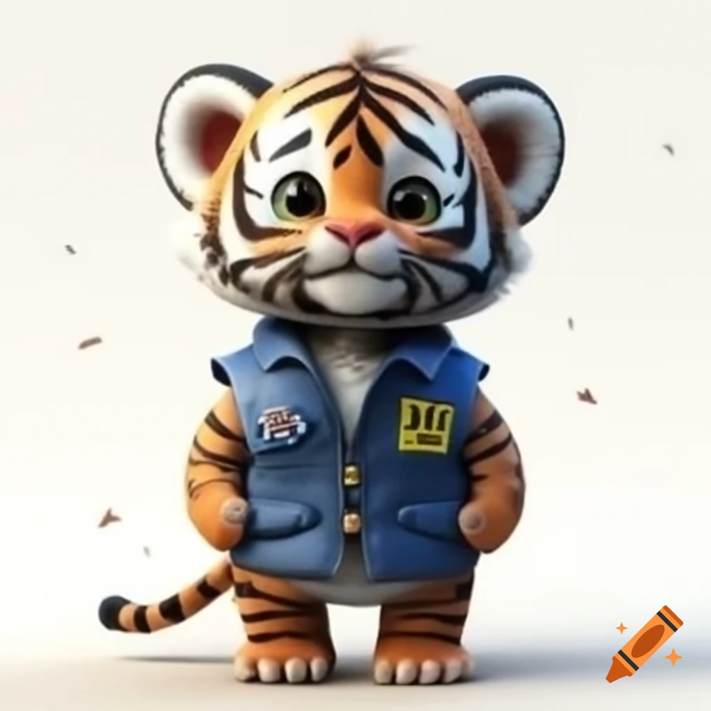 3D baby tiger wearing blue and black vest with name tag WIRA