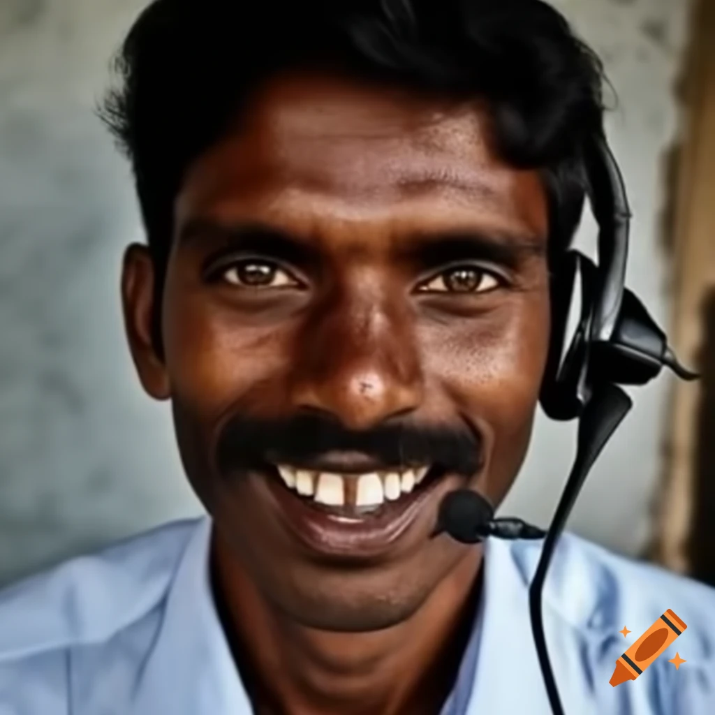 Indian call center worker with headset and a big smile
