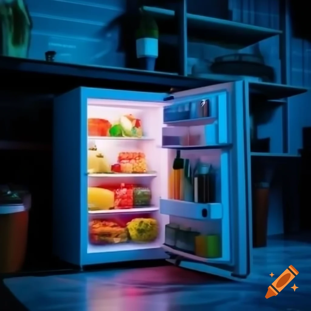Open fridge illuminated at night on Craiyon, image size:1024x1024