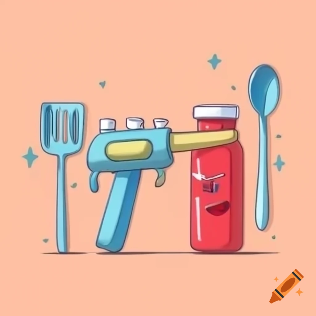 Creative illustration of a gun made from kitchen utensils with a ketchup bottle as the magazine