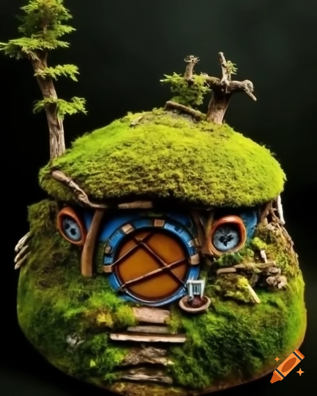 Miniature mossy diorama featuring a hobbit house