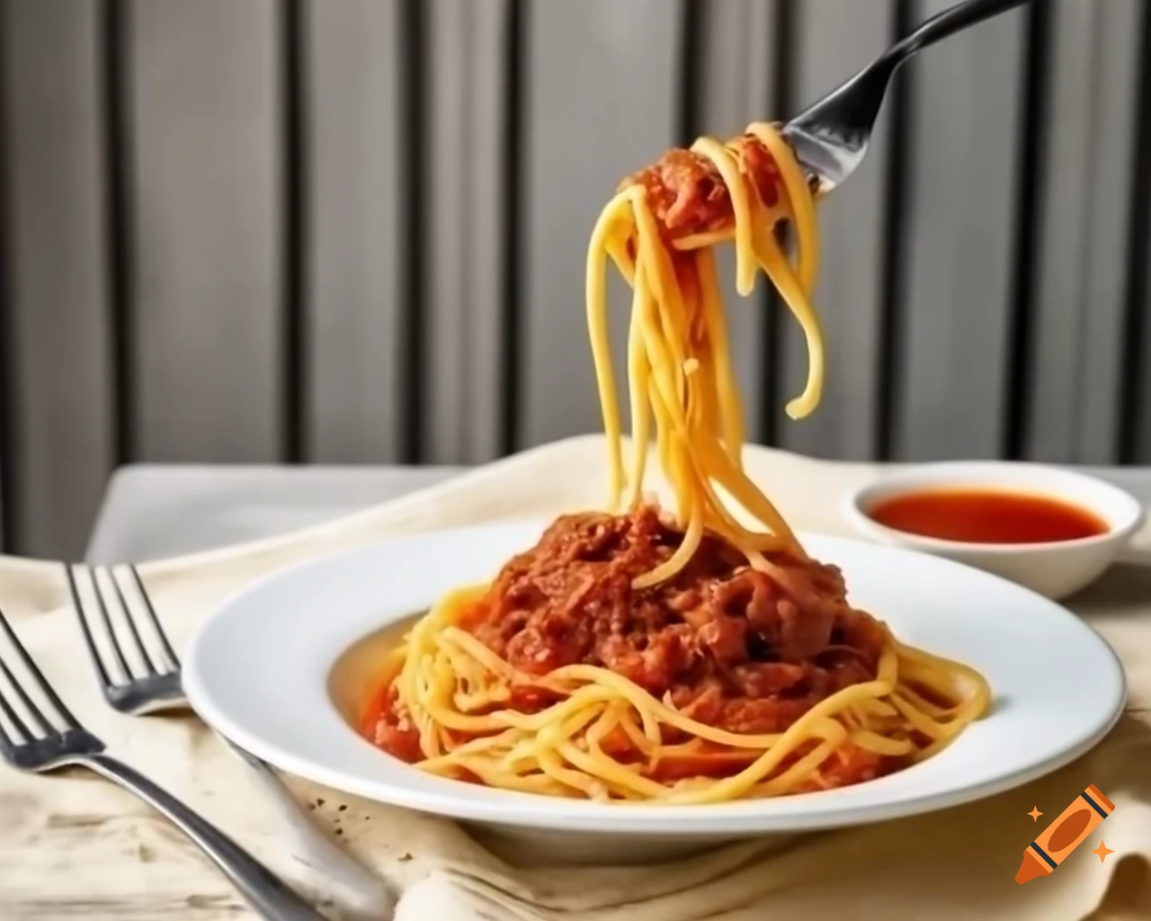 Plate of spaghetti with ground beef and sauce, fork holding spaghetti