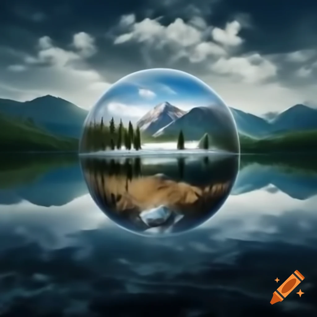 Cloudy sky and mountains reflecting in water with an orb
