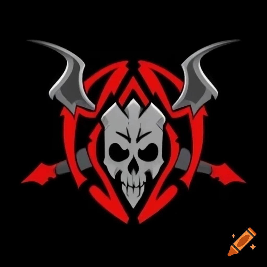 Gang logo featuring red and gray scythes with a skull on black background